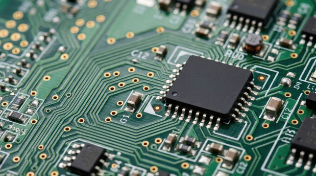 Electric drivetrain research circuit board with microchip and copper traces showing advanced electronic engineering detail