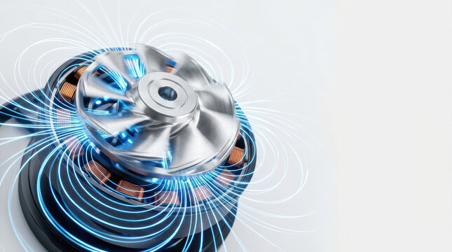 Electric drivetrain research concept with metallic motor rotor and glowing magnetic field lines illustrating advanced engineering innovation