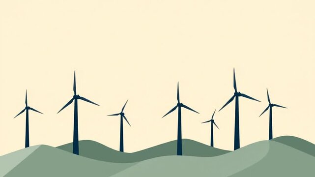 Wind turbines spinning on rolling hills in minimalist vector style