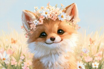 Fototapeta premium Playful springtime fox kit with floral crown, cozy woodland scene for children's illustration