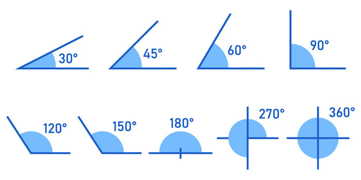 Set of blue geometric angle measurements ranging from 30 to 360 degrees for mathematical diagrams.