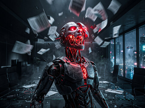 Cybernetic Humanoid Unit 03 Roaring Upward in Dark Futuristic Boardroom with Flying Documents