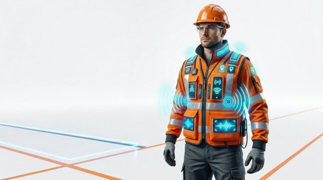 A worker stands wearing a smart PPE vest with GPS technology in an industrial environment. The vest connects to IoT devices for enhanced safety.