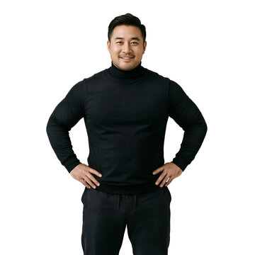 Man portrait isolated empowered 36 year old East Asian man in black turtleneck and tailored joggers on a transparent background