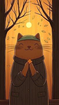 Stylized cat character in autumn woods.