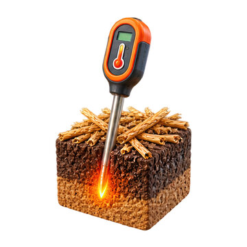 Digital soil thermometer probe inserted into a cross section of earth with organic mulch layer