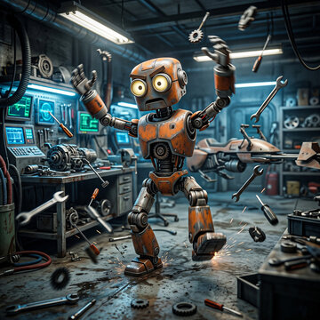 Orange industrial robot looking startled while tools and mechanical parts fly around in workshop setting