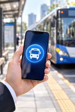 A close-up shot of a hand holding a smartphone showing a bus icon with a blurred bus in background.