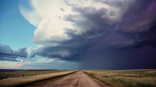 Dramatic Supercell Storm Cloud Over a Dirt Road in a Rural Prairie Landscape