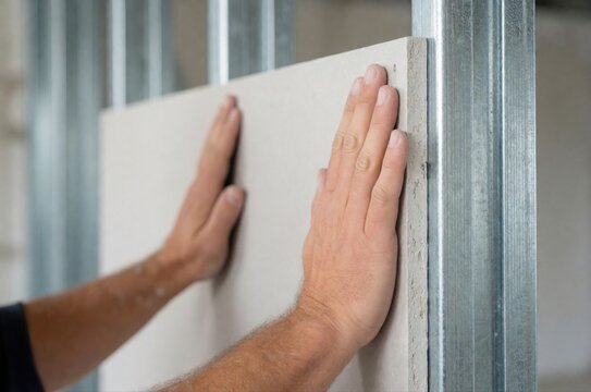 A construction worker attaches a sheet of drywall to a metal framing structure at a building site.