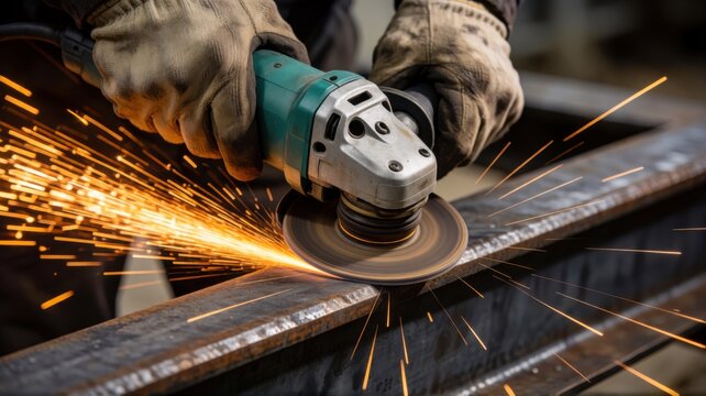 A close-up view of a gloved hand using an angle grinder to cut through a sturdy piece of metal.