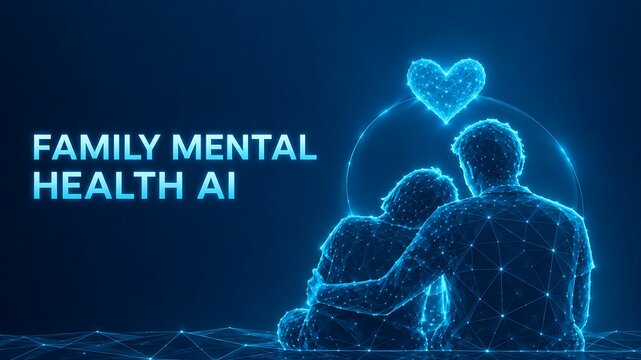 Digital glowing silhouette of couple embracing beneath glowing heart symbol representing family mental health. AI mental care health with digital art, artificial. AI. mental care health