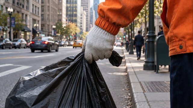 A worker in an orange jacket holding a heavy black trash bag on a busy metropolitan city sidewalk.