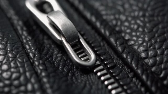 Close-up of a silver metal zipper on a black leather jacket