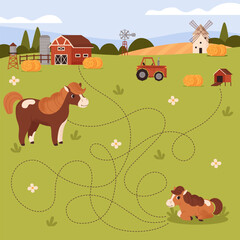 Fototapeta premium Help the baby animal find its mother. Logic game for children. Maze. Riddle. Preschool education. Find. Guess the correct answer. Farm animal. Horse and foal. Barn, haystack, tractor, mill