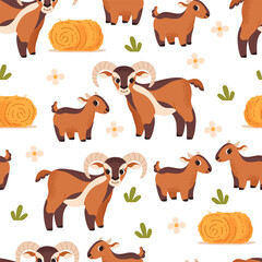 Obraz premium Seamless pattern with goat. Farm animals. Cute cartoon pets. Various animals. Goat, kid and haystack. Flowers and grass. Meadow, pasture. Vector illustration.