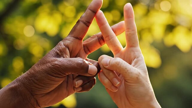 Interracial Hands Forming Peace Sign Gesture Outdoors