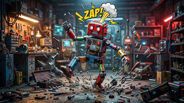 Comic Style Vintage Toy Bot Having Short Circuit Electrical Explosion ZAP Tantrum in Workshop Lab