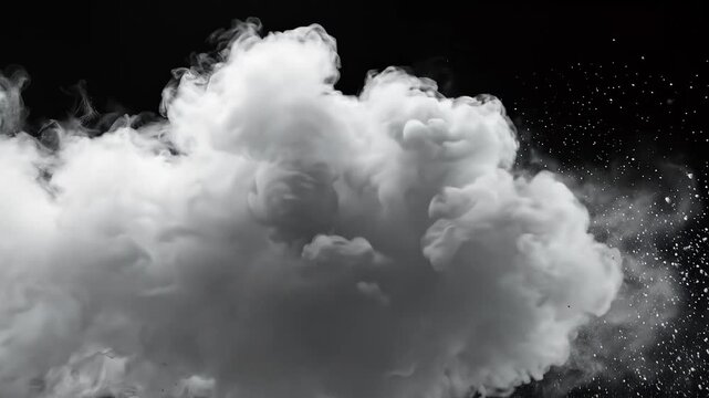 Monochrome smoke clouds billow and disperse across a black background. Abstract vapor burst with drifting particles and fluid motion.
