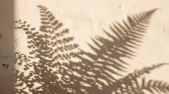 Fern Leaf Shadows on Beige Textured Wall Background