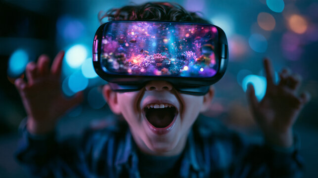 Excited Boy Wearing VR Headset Experiencing Virtual Reality