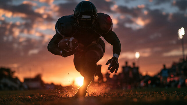 American Football Player Running with Ball at Sunset