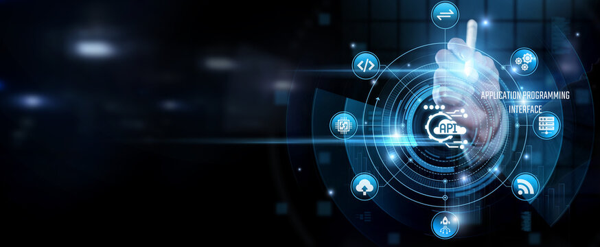 API touching using pen and integration data for software connectivity, application development, data exchange, digital services, system integration.