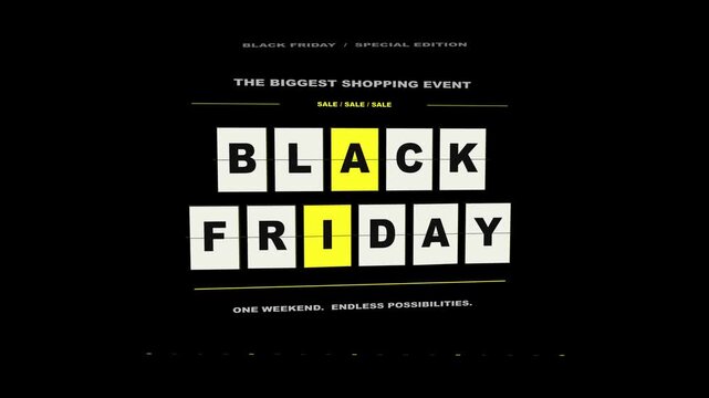30-second seamless Black Friday animation with dimensional mechanical letter panels, staggered flips, acid yellow accents and editorial sale typography on a pure black background. Fixed 4K composition