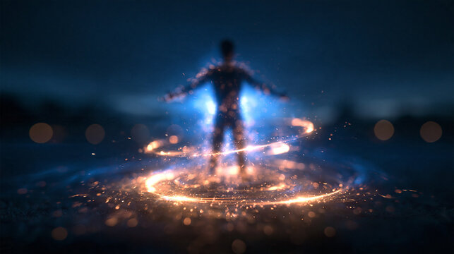 Silhouette of Man Surrounded by Glowing Energy Rings