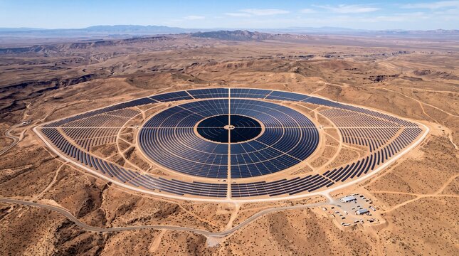 Aerial View of Large Solar Farm in Arid Desert