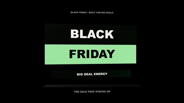 30-second 4K seamless motion graphic. Architectural charcoal slabs slide into a layered stack with large mint and white Black Friday typography on their front faces.