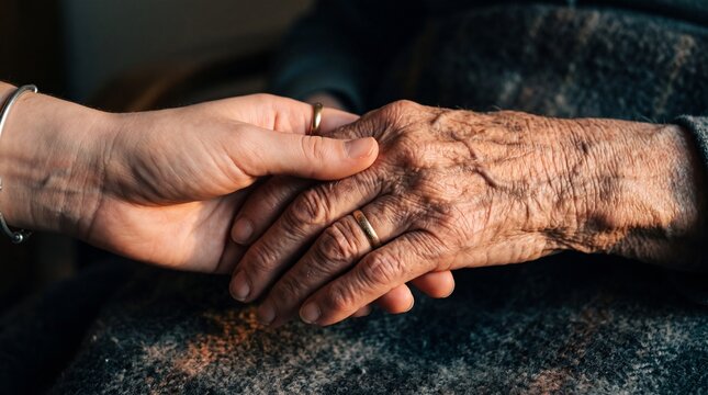 Caregiver Holding Hand of Elderly Person with Compassion