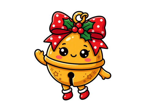 Christmas bell character with red bow tie waving hand in cute kawaii cartoon style on transparent background