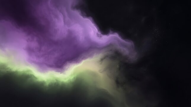 Abstract purple and green nebula clouds in deep dark outer space with glowing stars