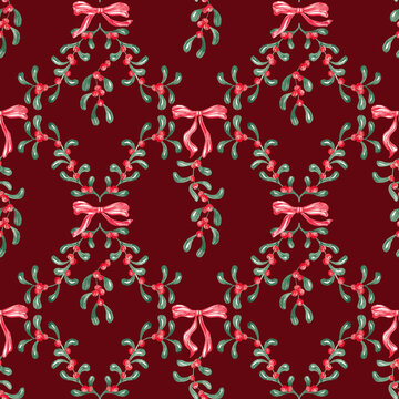 Christmas mistletoe seamless pattern. Traditional Xmas design with watercolor mistletoe branches. Mistletoe leaves and bery digital paper. Classic red green colors