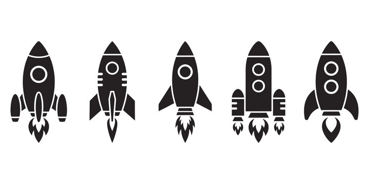 Set of diverse black rocket icons depicting various launch and flight stages for technology and space themes.