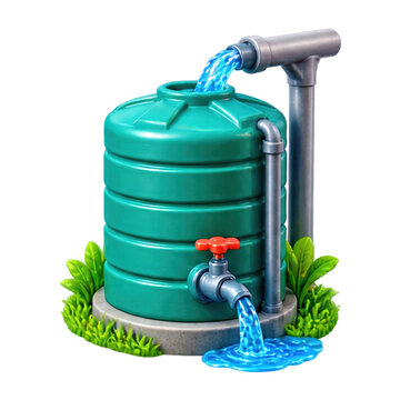 Green plastic water storage tank with a faucet and pipe system isolated on a white background