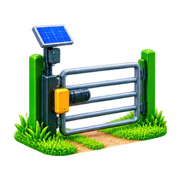Automated metal farm gate with solar panel power supply isolated on a white background