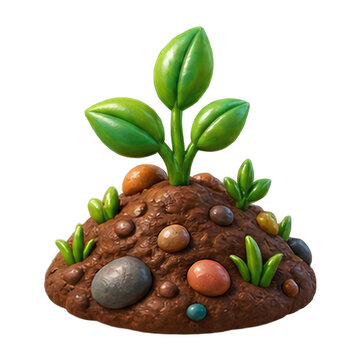 Small green sprout growing from a mound of brown soil with colorful decorative garden stones