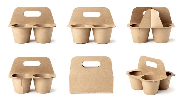 Collection of brown cardboard coffee cup carriers shown from multiple angles isolated on a white background, eco-friendly kraft paper drink holders with handles for takeaway and delivery.