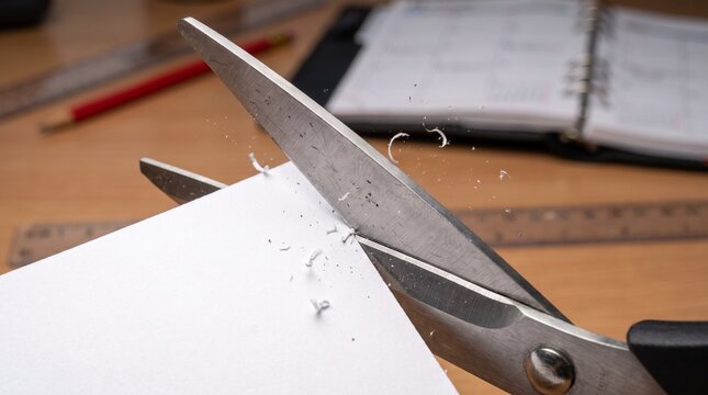Metal scissors cutting through white paper sheet on wooden desk.
