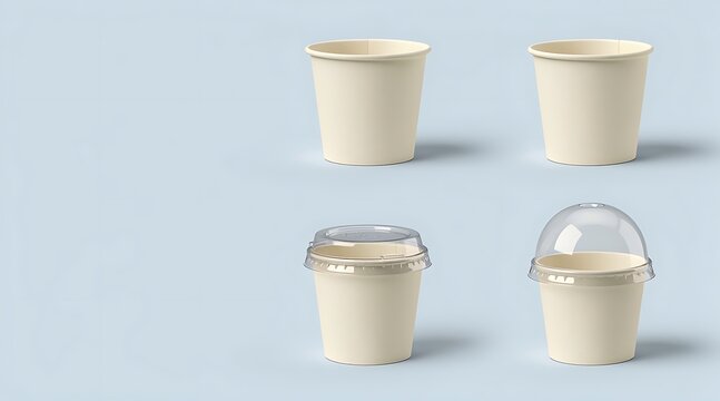 Set of blank white or cream paper food containers with flat and dome transparent plastic lids, isolated on a light blue background for ice cream, yogurt, or dessert packaging branding mockups.