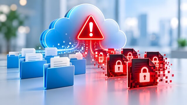 Glowing red warning alert on digital cloud computing network during ransomware cybersecurity attack encrypting and destroying corporate data folders