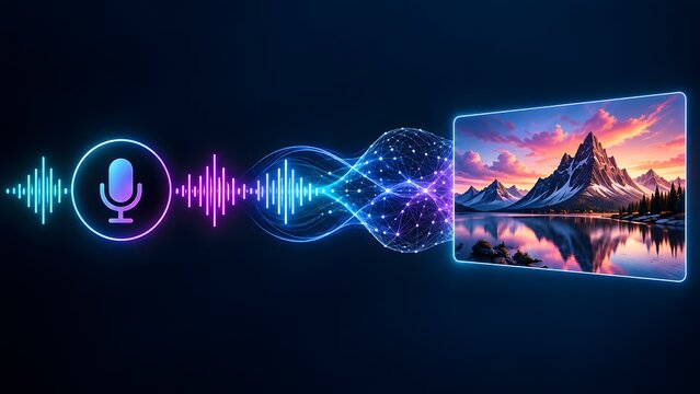 Futuristic voice recognition interface transforming audio soundwaves into digital multimedia landscape art through advanced neural network processing