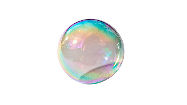 Single transparent soap bubble with rainbow reflection on transparent background