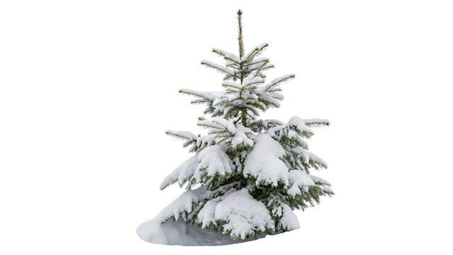 Small green pine spruce tree covered with snow isolated on transparent background