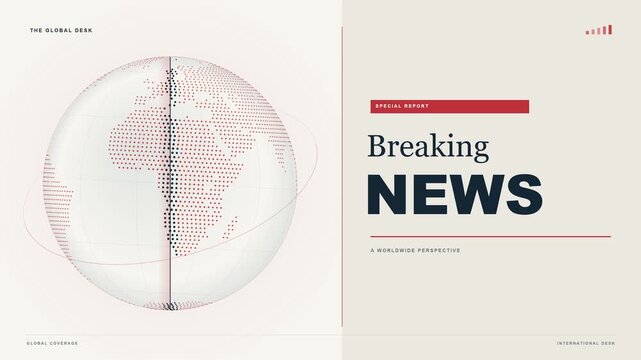 A 10-second 4K breaking news opener in the ivory bulletin visual style, with a rotating geographic dotted Earth, meridian scan, orbital accents and animated headline typography.