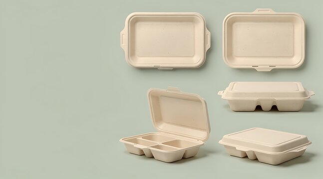 Set of Eco Friendly Biodegradable Sugarcane Bagasse Food Containers and Meal Prep Lunch Boxes Shown from Multiple Angles for Sustainable Food Packaging and Takeaway Delivery on Green Background