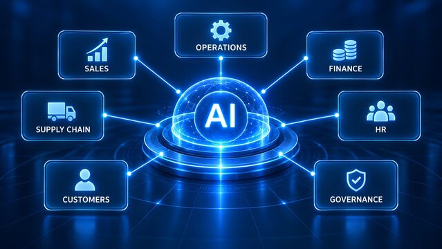 Artificial Intelligence Integration in Business Operations Concept with AI Central Hub Connected to Sales Finance HR Customers and Supply Chain