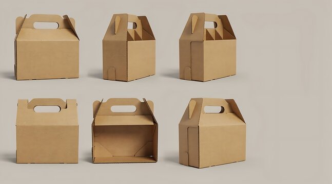 Set of brown cardboard gift boxes with handles, craft paper packaging mockups in various angles, eco-friendly takeaway food containers or gift packaging isolated on neutral background.